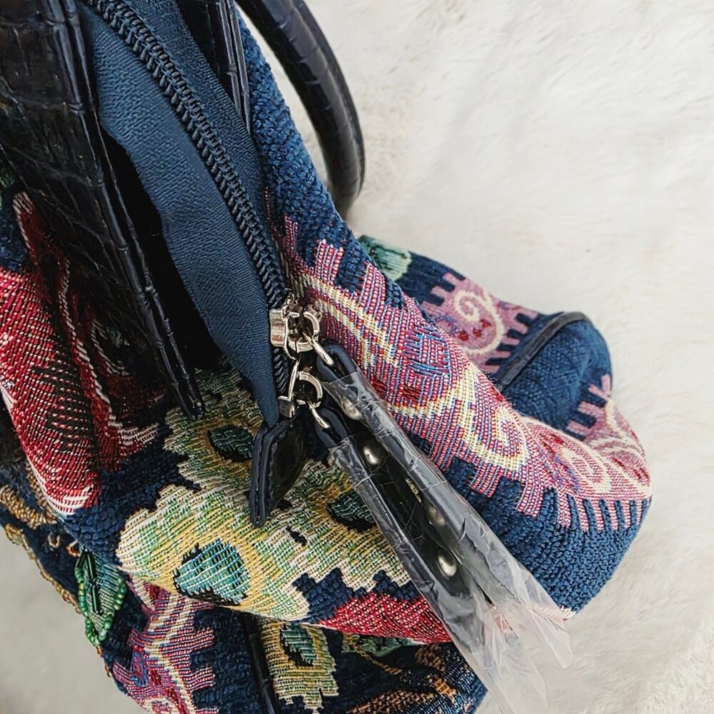 Mod X Navy Blue Floral Tapestry Embroidered Shoulder Bag Tote Silver Studded L - Picture 8 of 12
